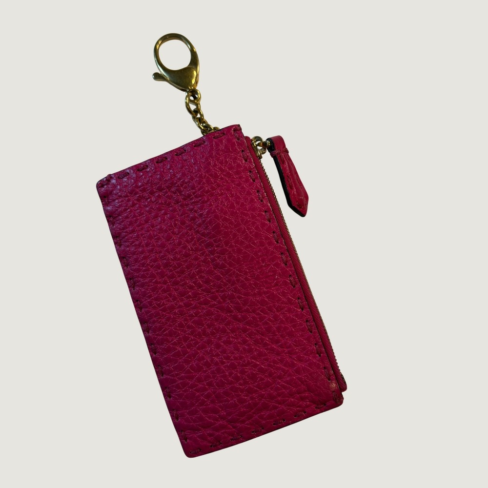 Fendi Selleria Leather Card Holder Coin Pouch Keychain Bag Charm Orange Pink